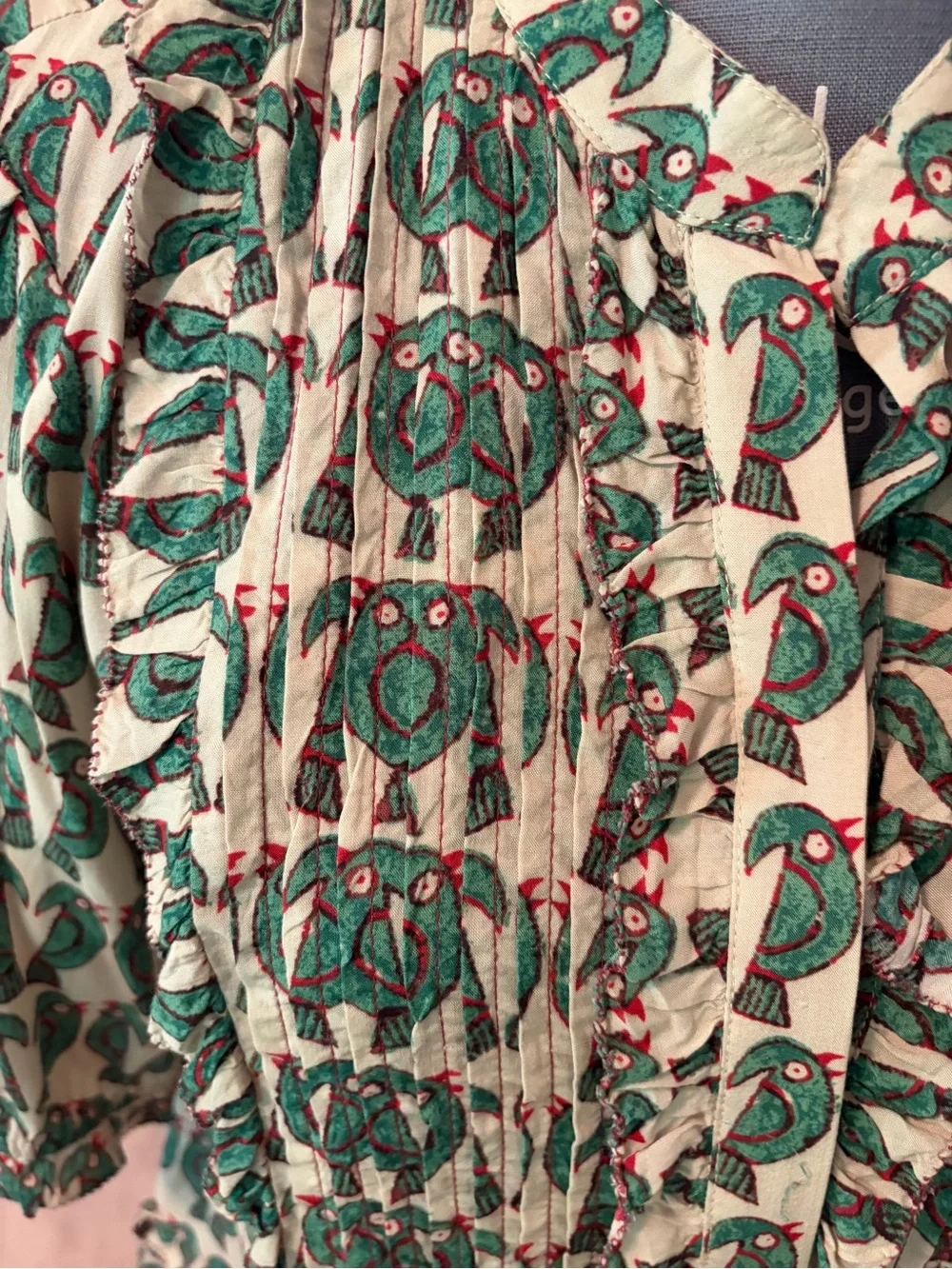 Anthropologie Green Bird Pintuck Peplum Blouse
